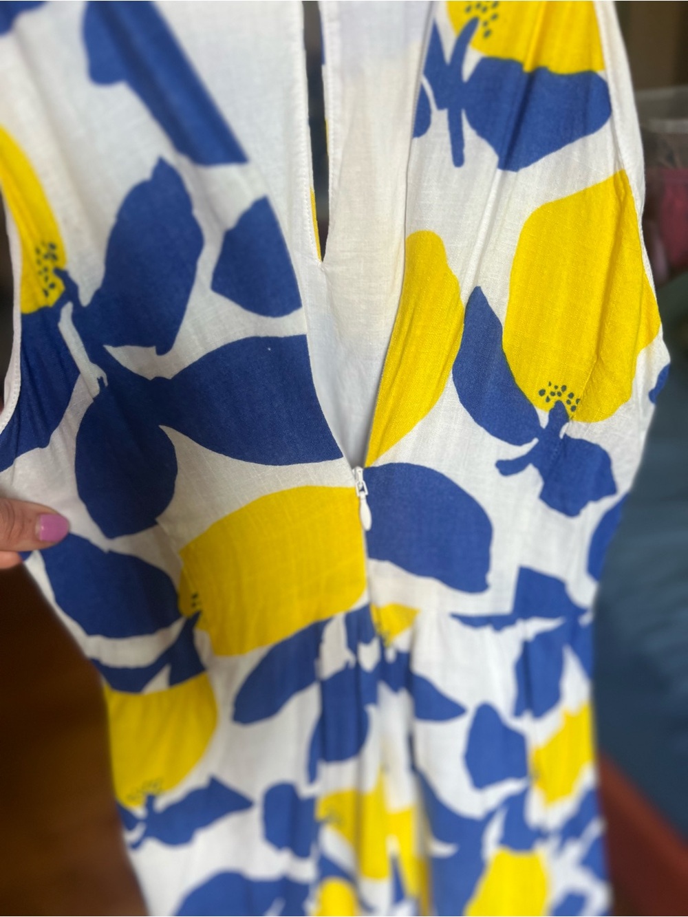 LOFT White Maxi Dress with Blue and Yellow Lemon Print - Picture 6 of 9